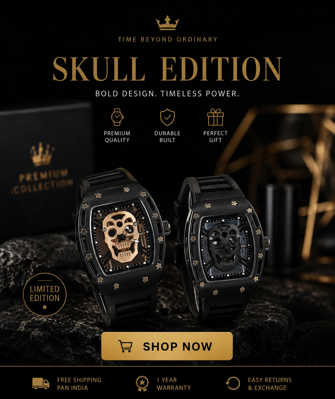 Luxury Black Skull Skeleton Watch – Modern Tonneau Case with Sporty Silicone Strap | Premium Fashion Concept Watch for Men (WithOut Box)