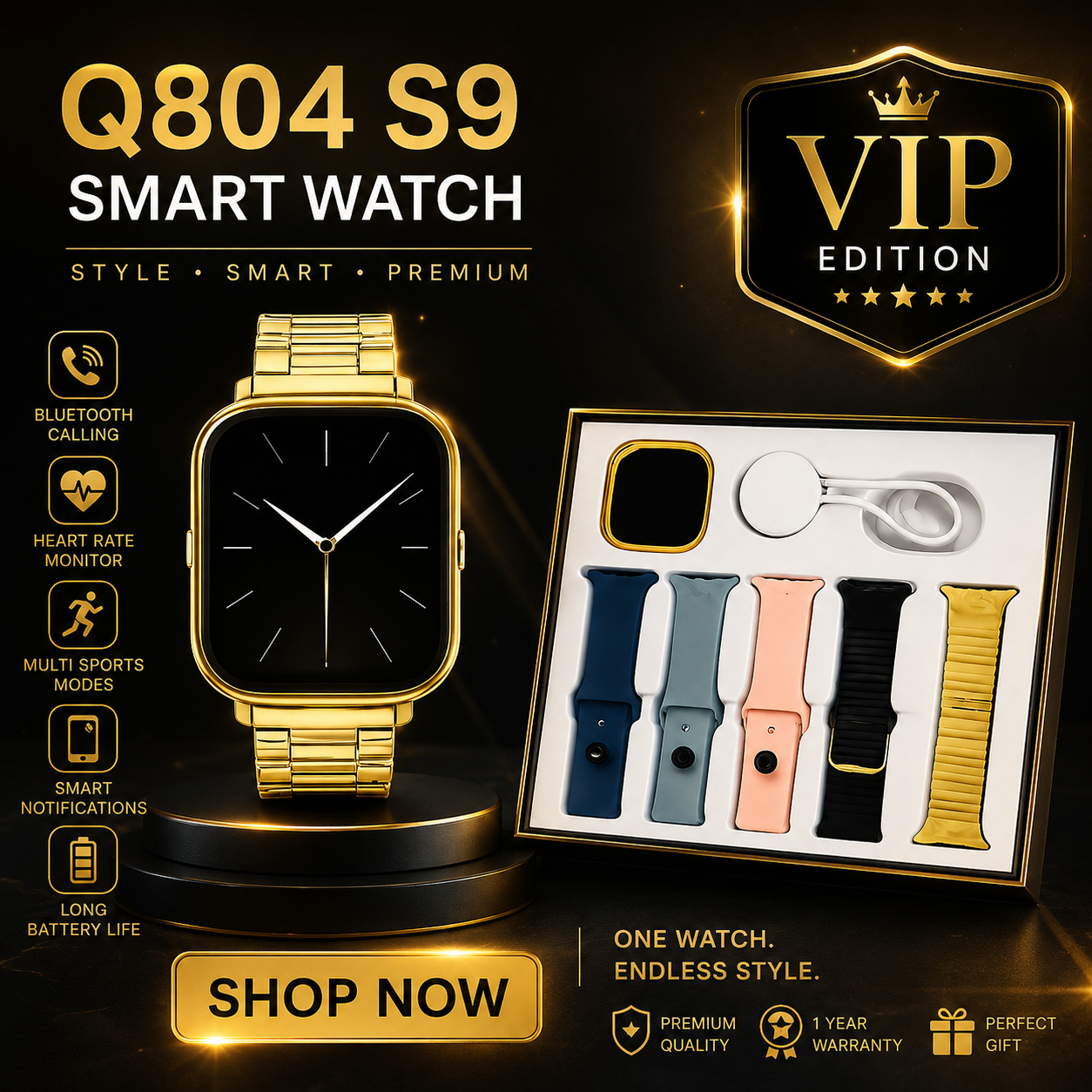 Q804 Signature Edition Watch – Premium Golden Finish with 7 Stylish Straps & Original Metal Band